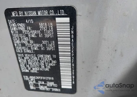 2015 Nissan Quest Platinum/S/Sl/Sv from USA, damaged, VIN JN8AE2KP2F9127918
